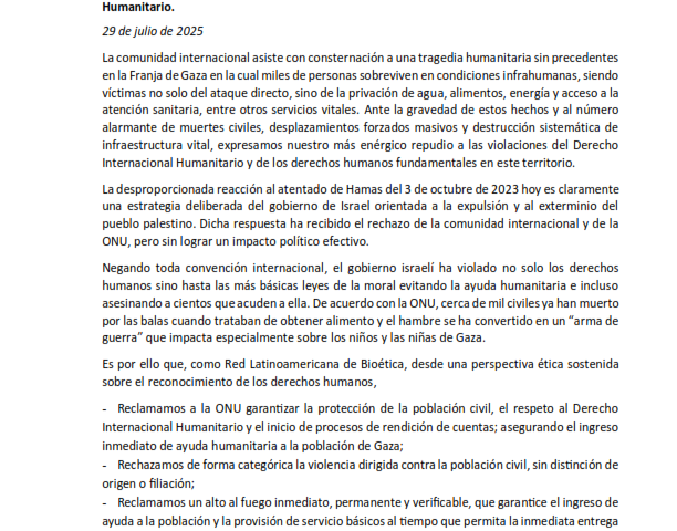PRONUNCIAMIENTO REDBIOETICA SOBRE LA SITUACIÓN EN GAZA